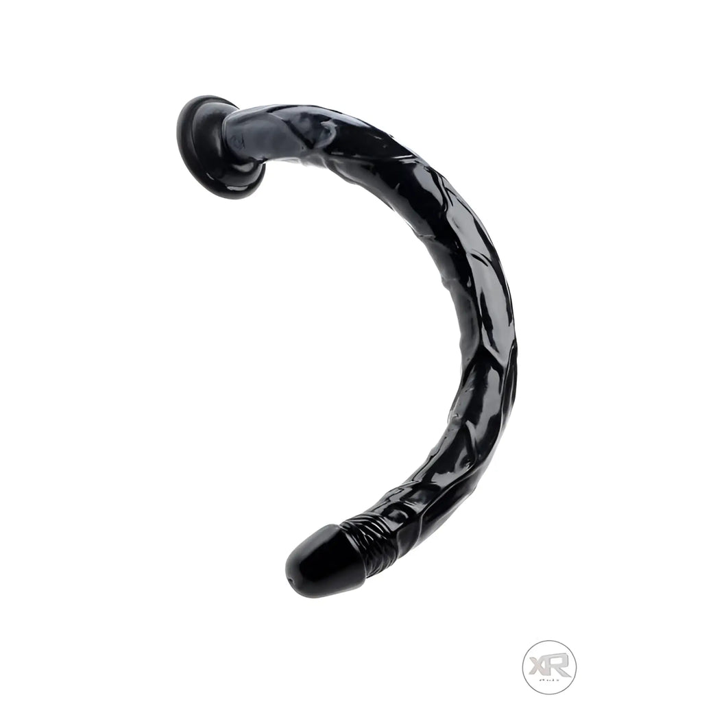 Hosed Hosed 19-inch black, curved, realistic-textured anal dildo with a base, isolated on a white background.