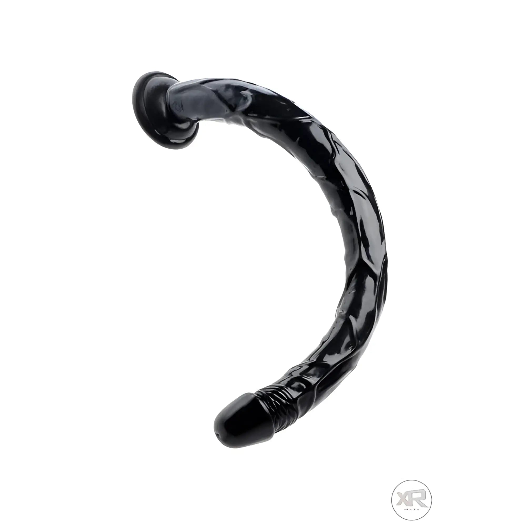 Hosed Hosed 19-inch black, curved, realistic-textured anal dildo with a base, isolated on a white background.