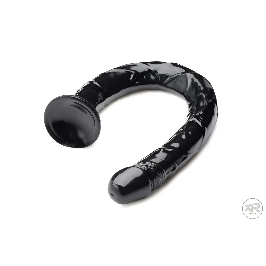 Hosed 19-inch realistic black anal dildo with a curved shaft, textured detail, and a large suction cup base.