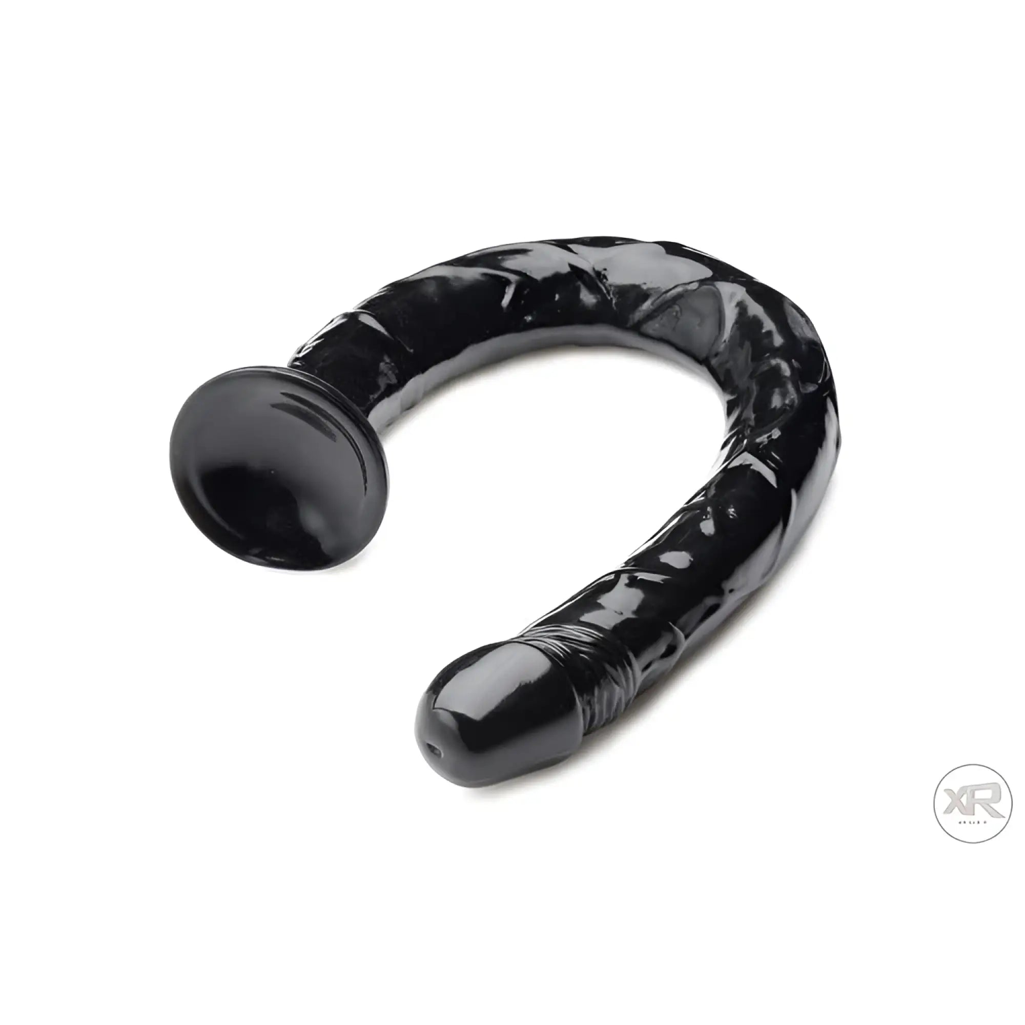Hosed 19-inch realistic black anal dildo with a curved shaft, textured detail, and a large suction cup base.