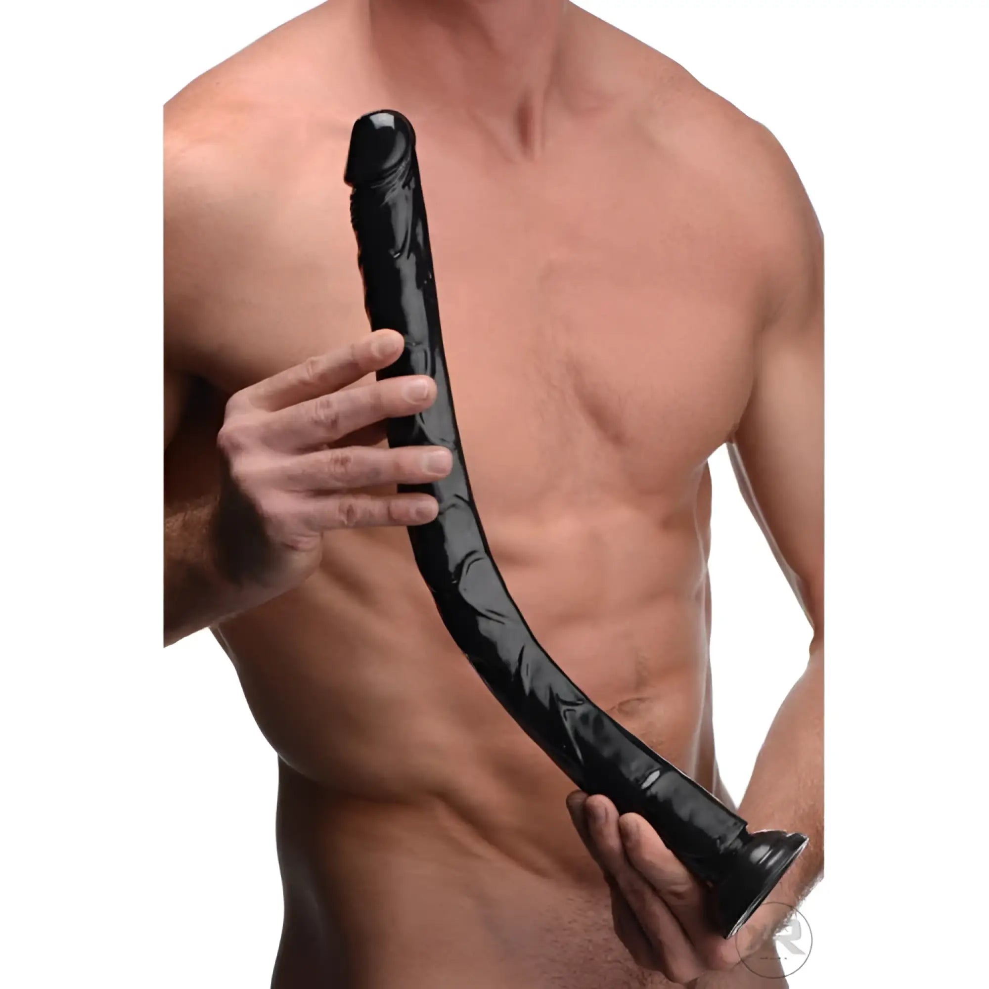 Hosed 19-inch realistic black anal dildo with textured detail, held by a shirtless person against a white background.