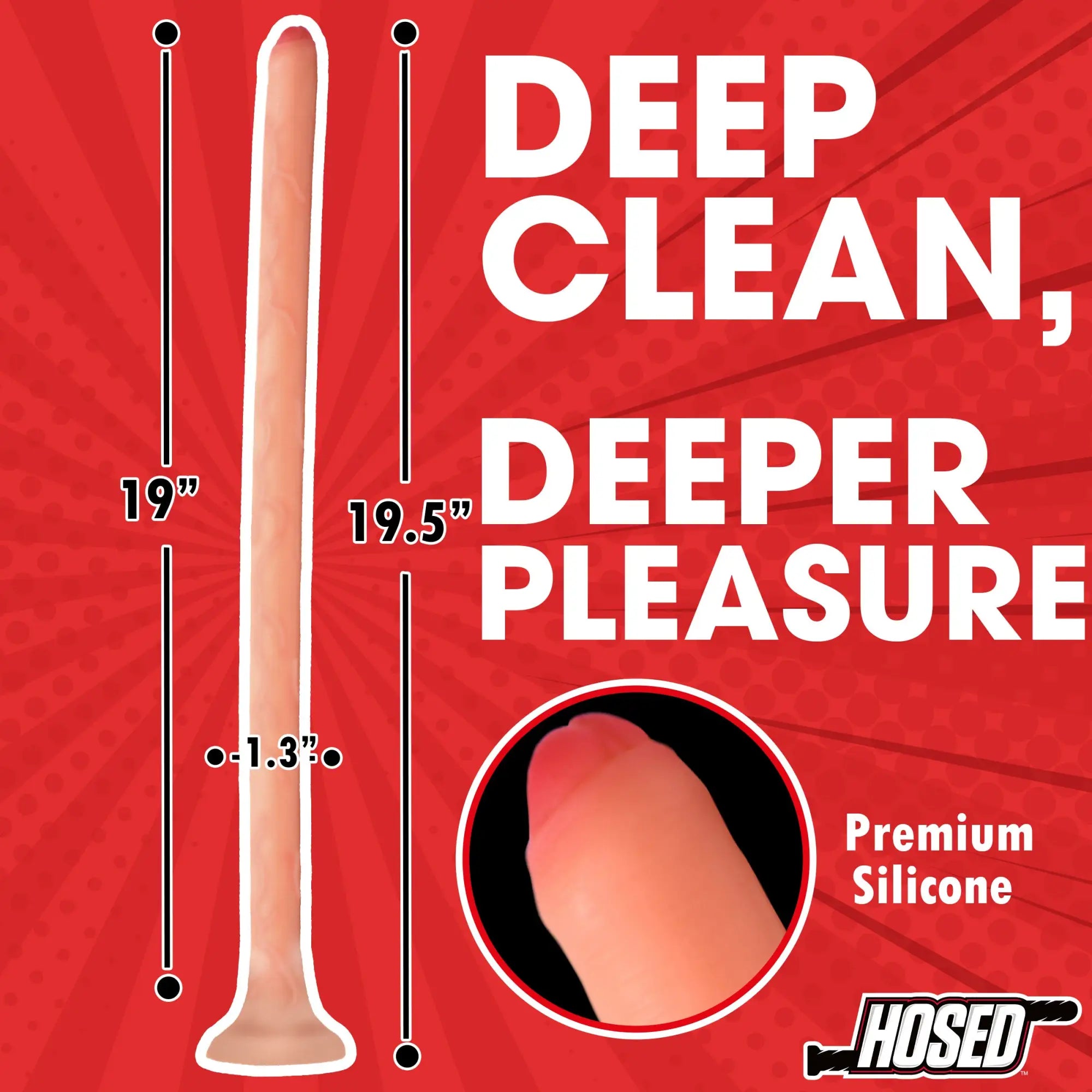 Hosed 19" slim, flesh-toned silicone enema hose, shown with dimensions and a close-up of the uncircumcised tip.