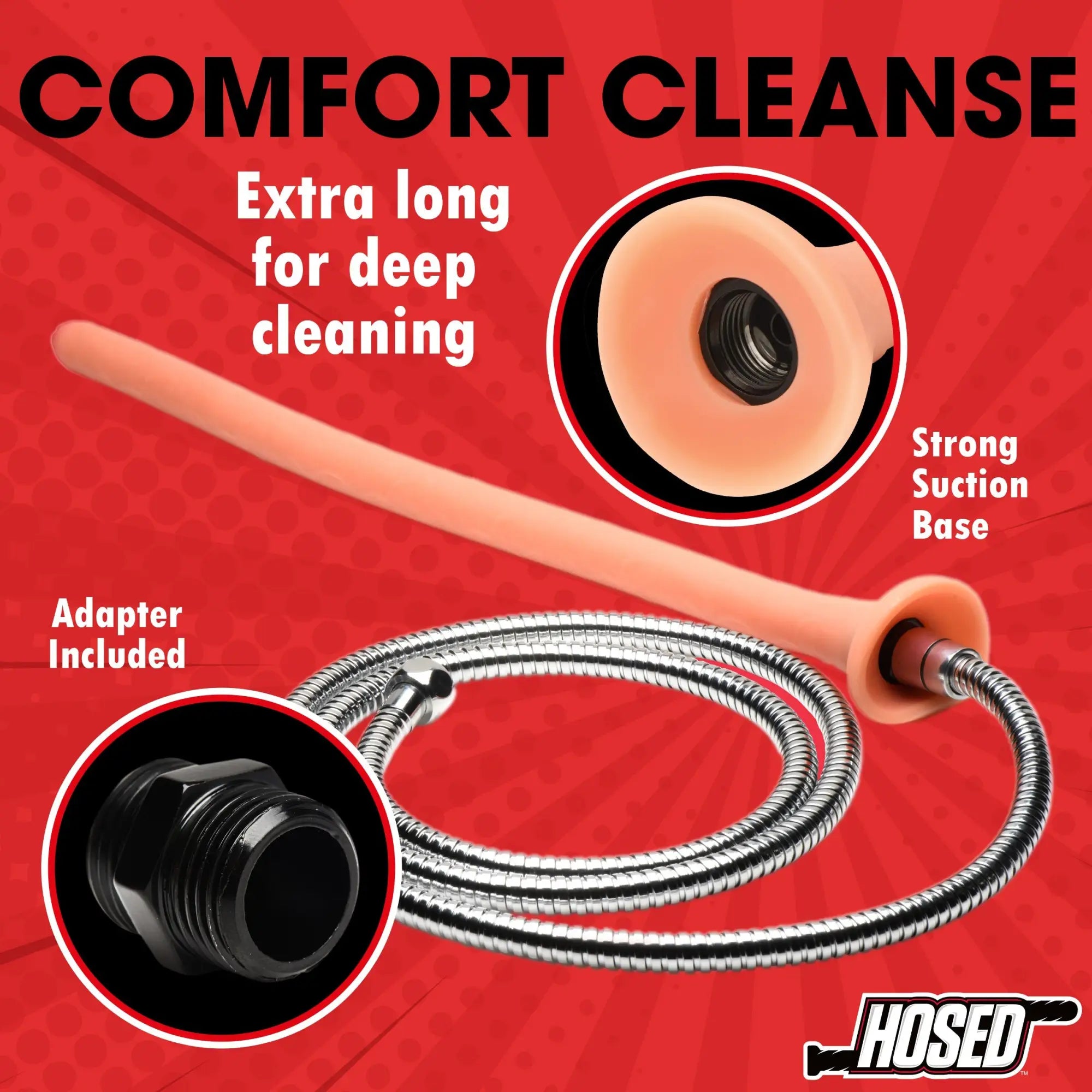 Hosed 19" slim silicone enema hose in peach with a suction base, silver metal hose, and included black adapter.