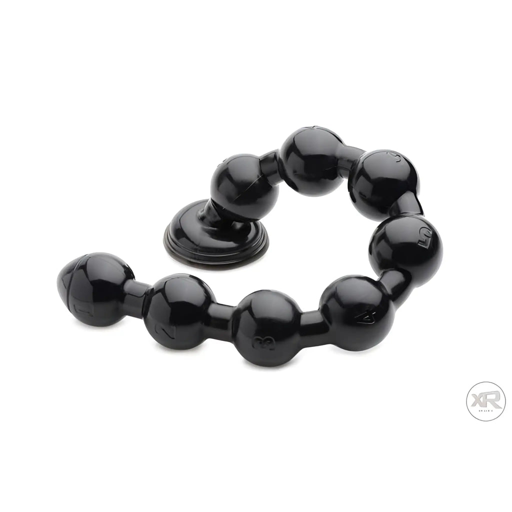 Hosed 2" Beaded Anal Snake: A flexible, glossy black silicone toy with numbered beads and a sturdy suction cup base.