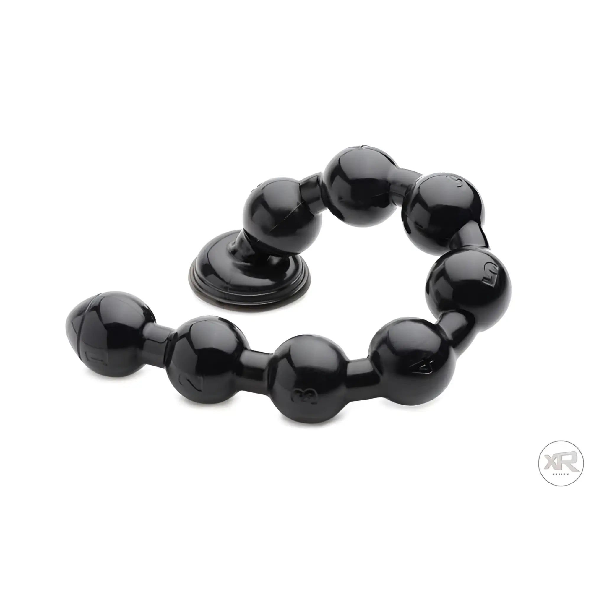 Hosed 2" Beaded Anal Snake: A flexible, glossy black silicone toy with numbered beads and a sturdy suction cup base.