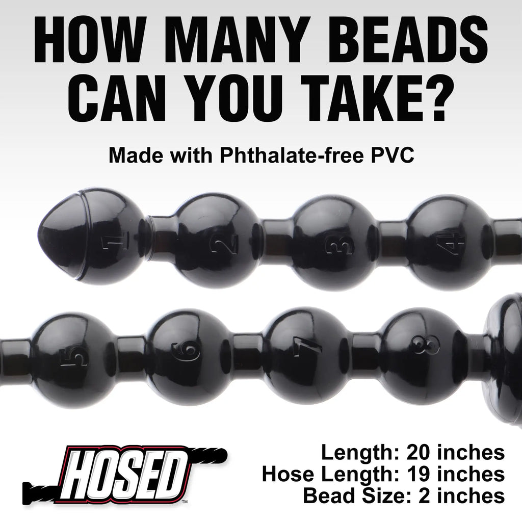 Hosed 2" Beaded Anal Snake: A black, phthalate-free PVC toy featuring a string of large, numbered beads.