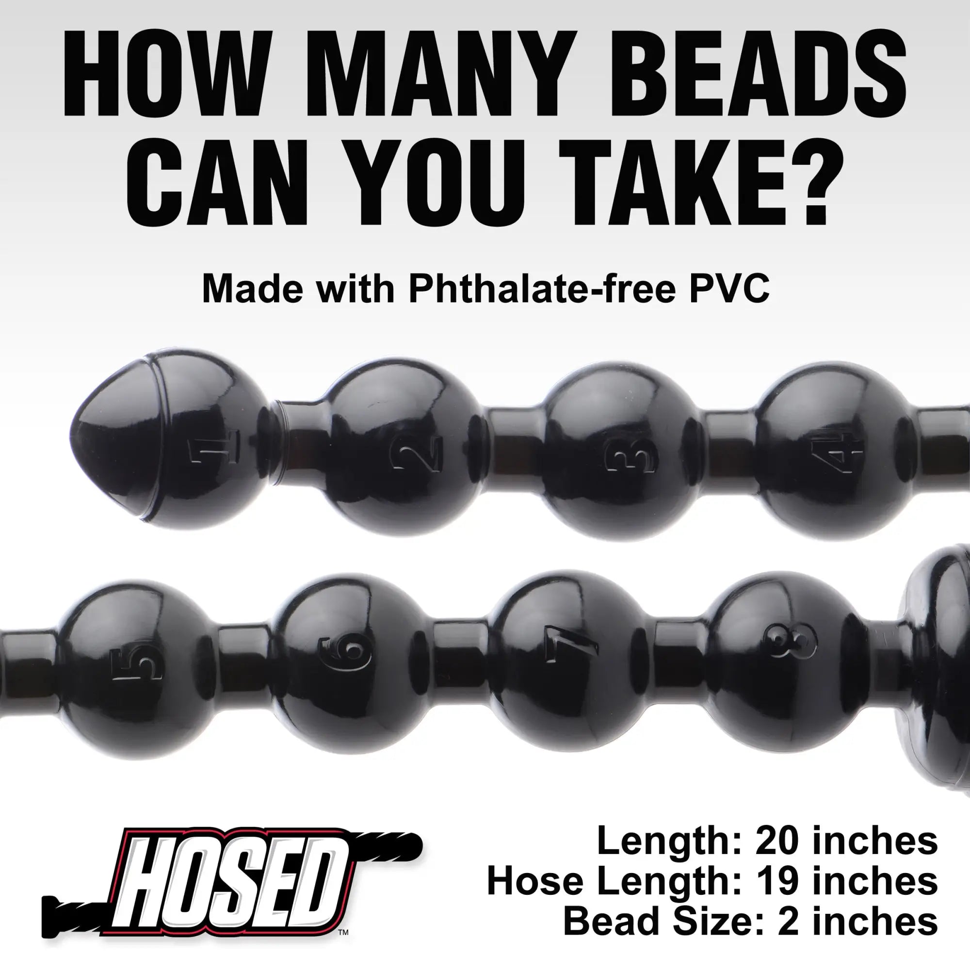 Hosed 2" Beaded Anal Snake: A black, phthalate-free PVC toy featuring a string of large, numbered beads.