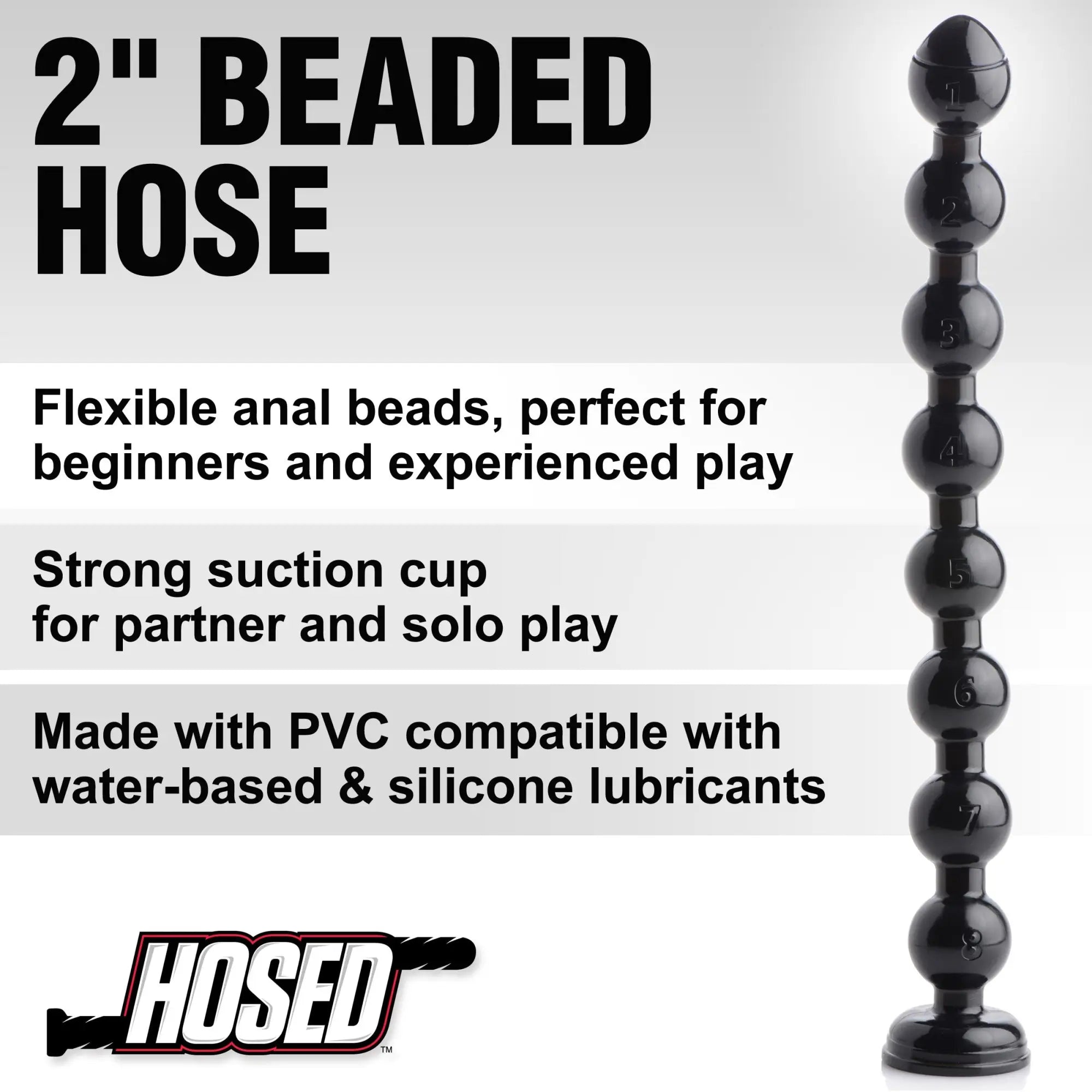 Hosed 2" beaded anal snake: a tall, vertical black toy with eight numbered spheres and a sturdy base for suction.