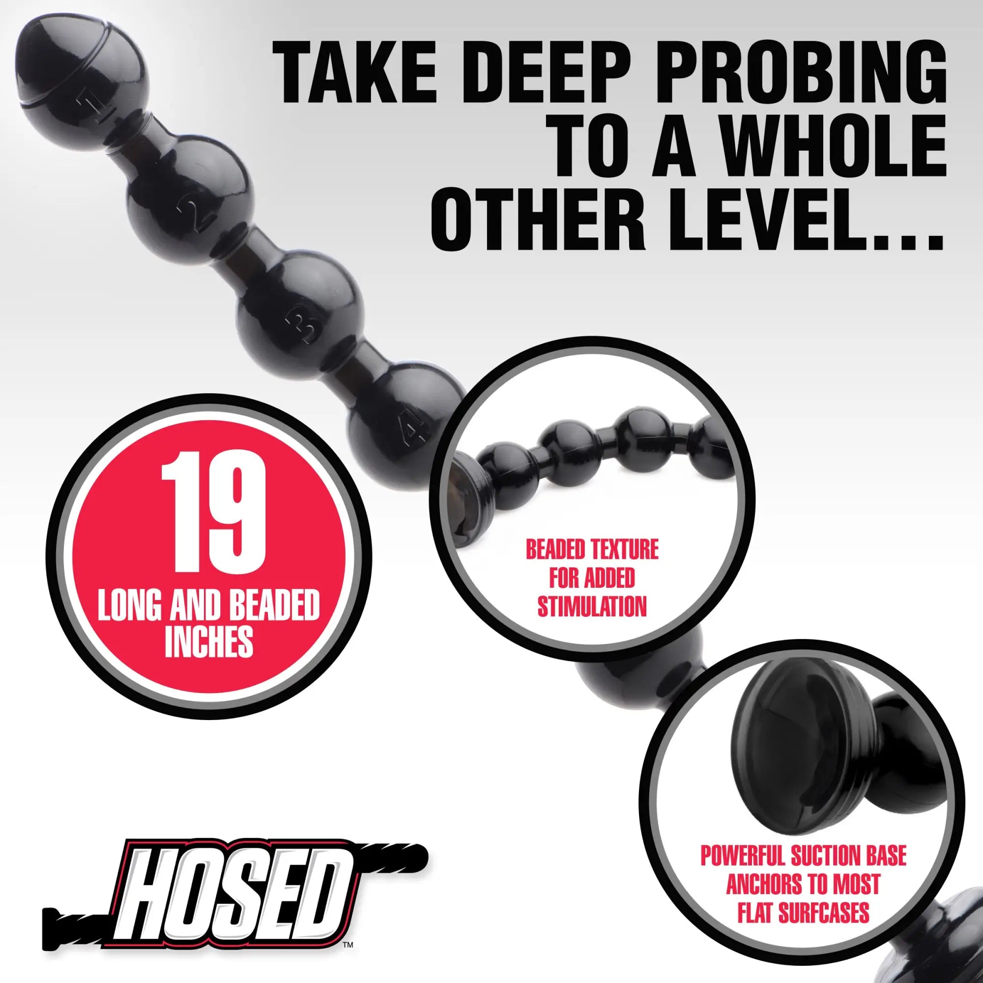 Hosed 2" Beaded Anal Snake: a long, black, flexible beaded toy featuring a suction cup base on a white background.