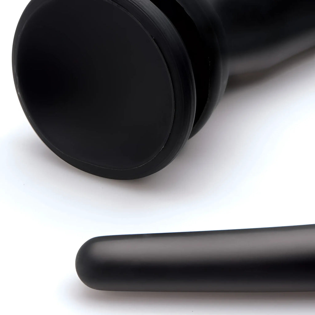 Black Hosed Silicone Tapered Anal Hose featuring a smooth, tapered insertable tip and a circular base.