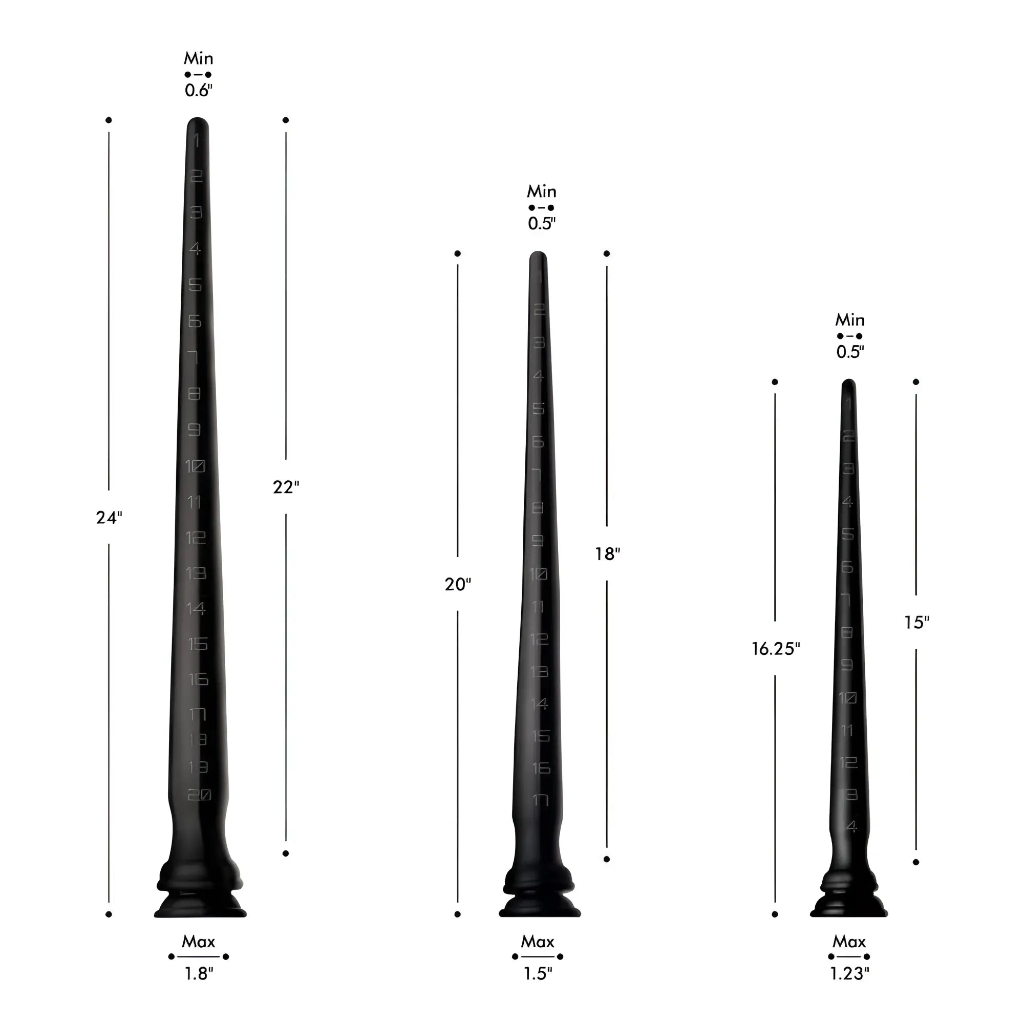 Three black Hosed Silicone Tapered Anal Hoses of different sizes with measurement labels and numerical depth markers.