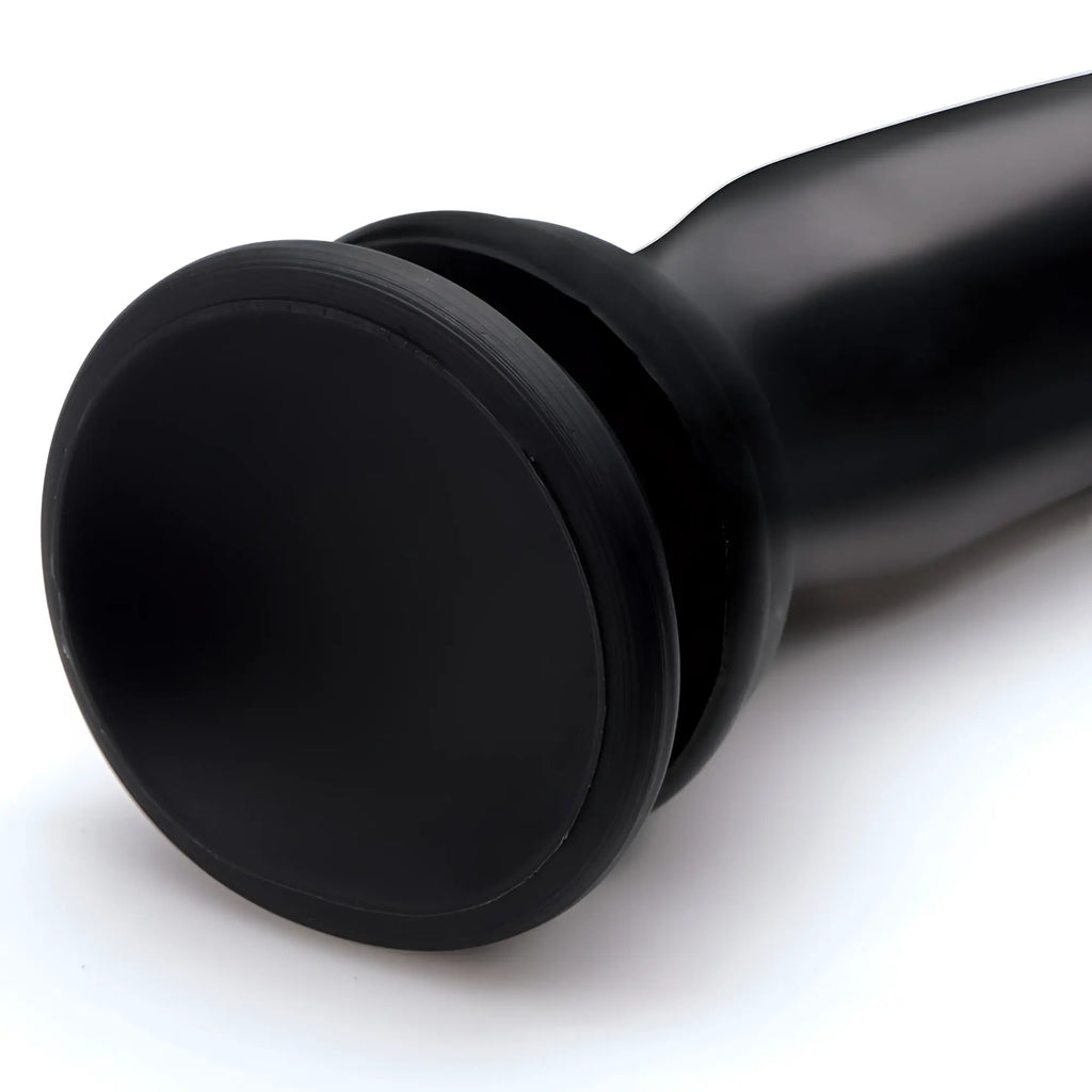 Close-up of a smooth, matte black Hosed Silicone Tapered Anal Hose featuring a flared circular base.