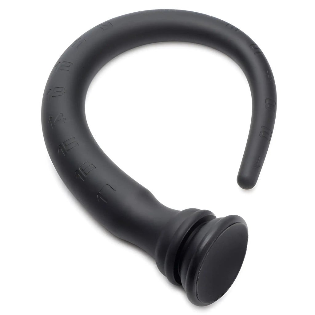 Black Hosed Silicone Tapered Anal Hose: a curved, matte black silicone device with engraved length markings.