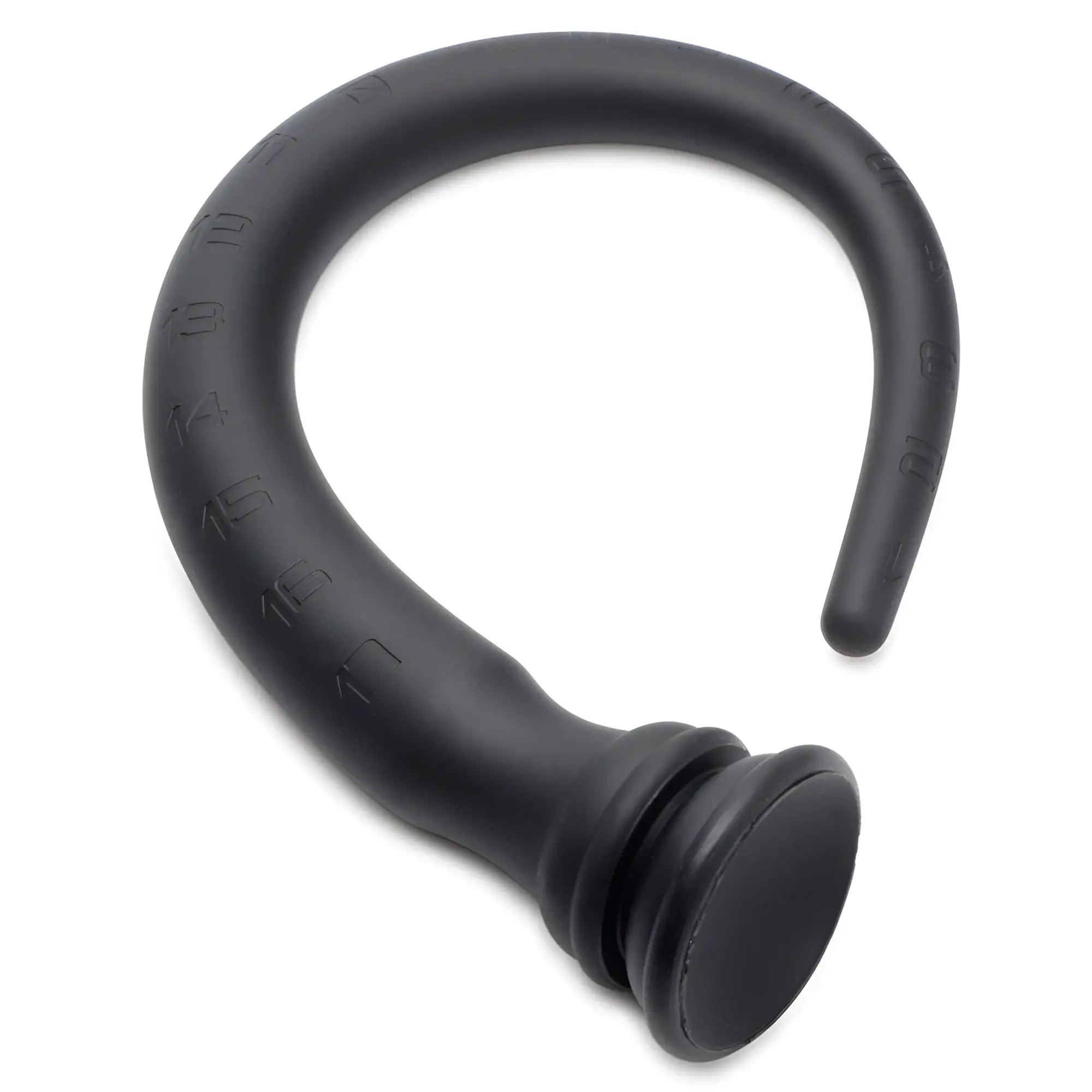 Black Hosed Silicone Tapered Anal Hose: a curved, matte black silicone device with engraved length markings.