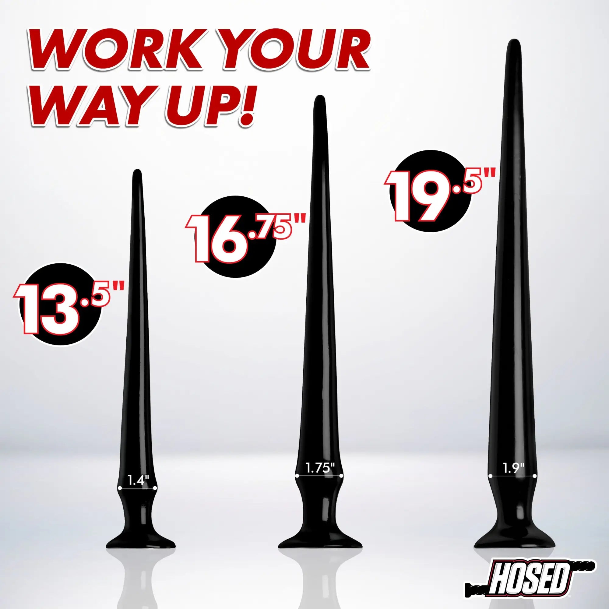 Hosed Slim Tapered Anal Hose Training Set featuring three black, long, tapered probes in varying sizes.