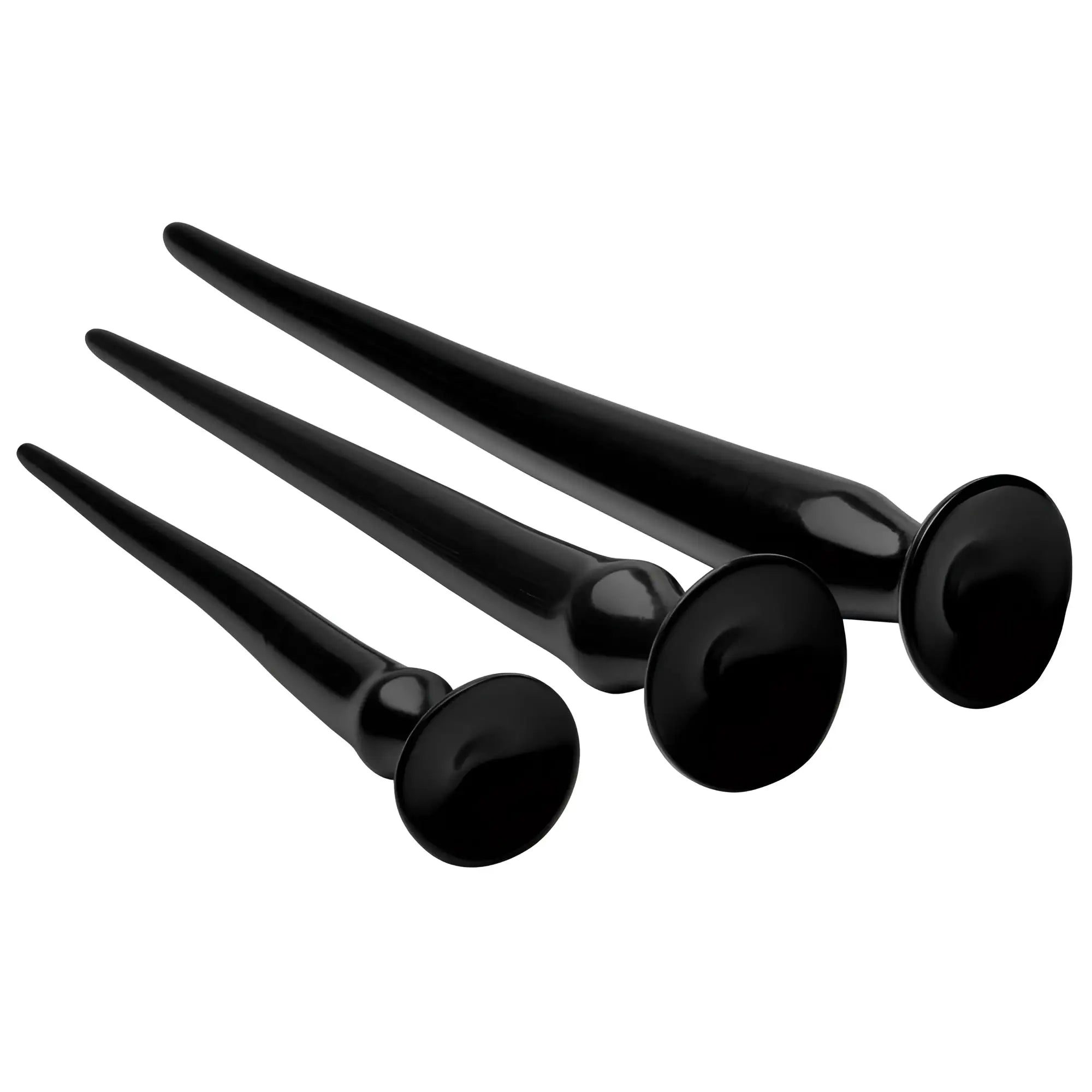Hosed Slim Tapered Anal Hose Training Set: three smooth, black, tapered rods of varying sizes with flared bases.