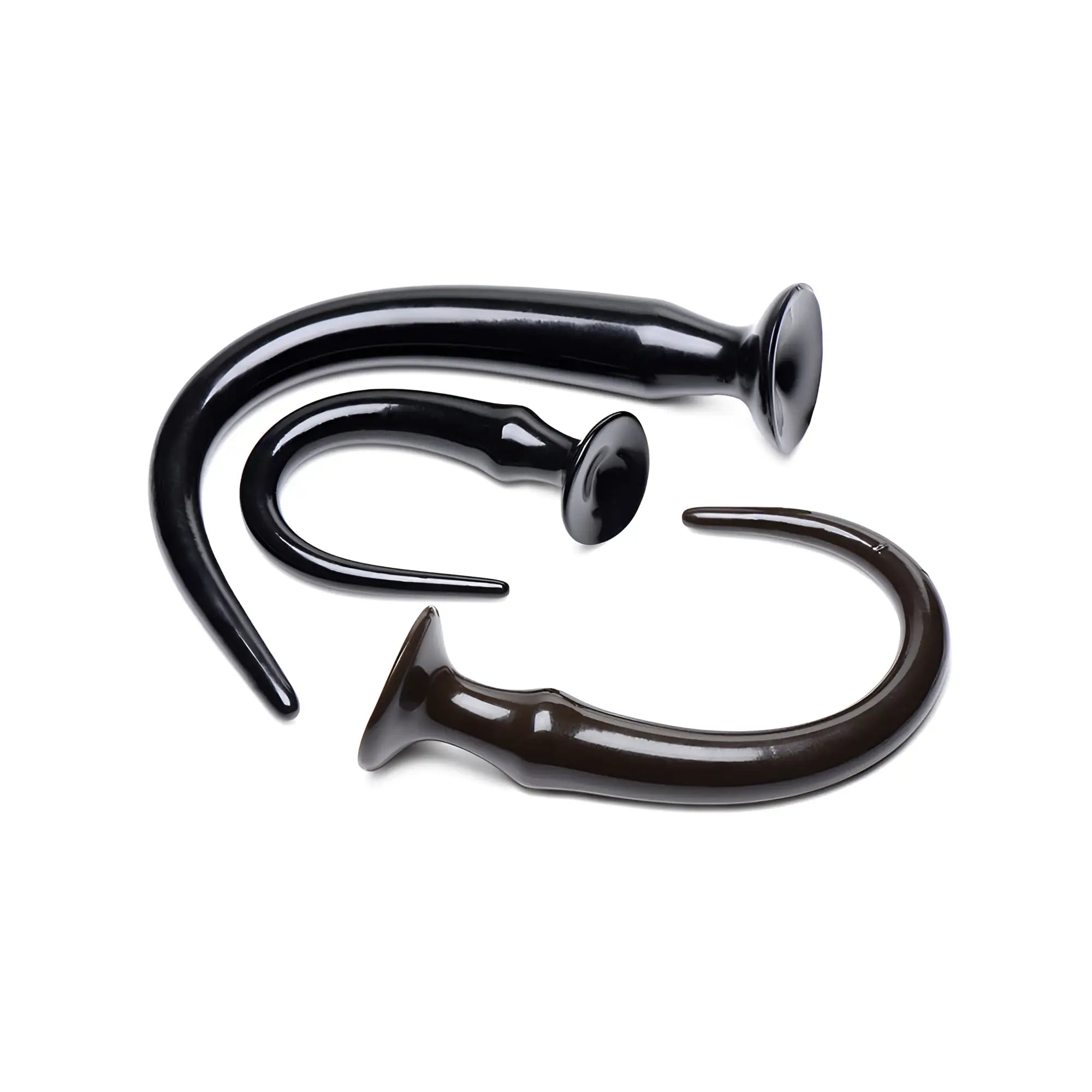 Three Hosed Slim Tapered Anal Training tools in varying sizes, featuring smooth, curved black designs with flared bases.