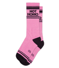 Pink hot homo crew socks with black stripes ribbed texture and reinforced heel and toe in matching black
