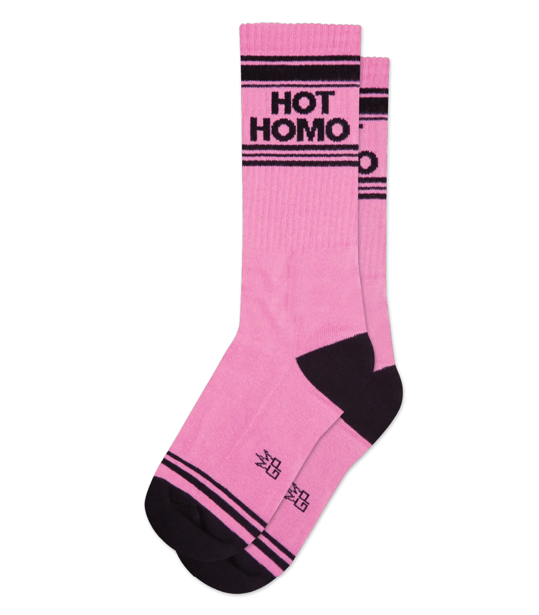 Pink hot homo crew socks with black stripes ribbed texture and reinforced heel and toe in matching black