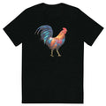 Black short-sleeved t-shirt featuring a vibrant huge polygon rooster graphic in blue orange and purple colors
