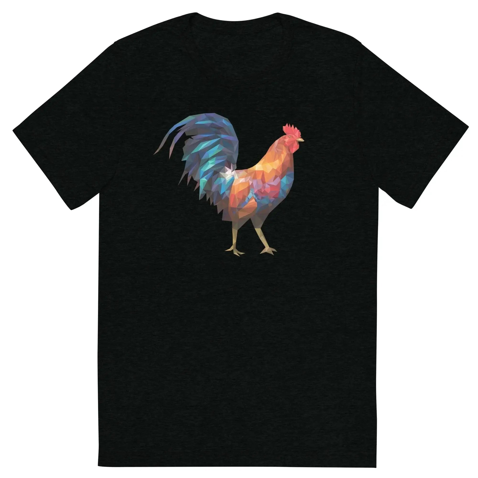 Black short-sleeved t-shirt featuring a vibrant huge polygon rooster graphic in blue orange and purple colors