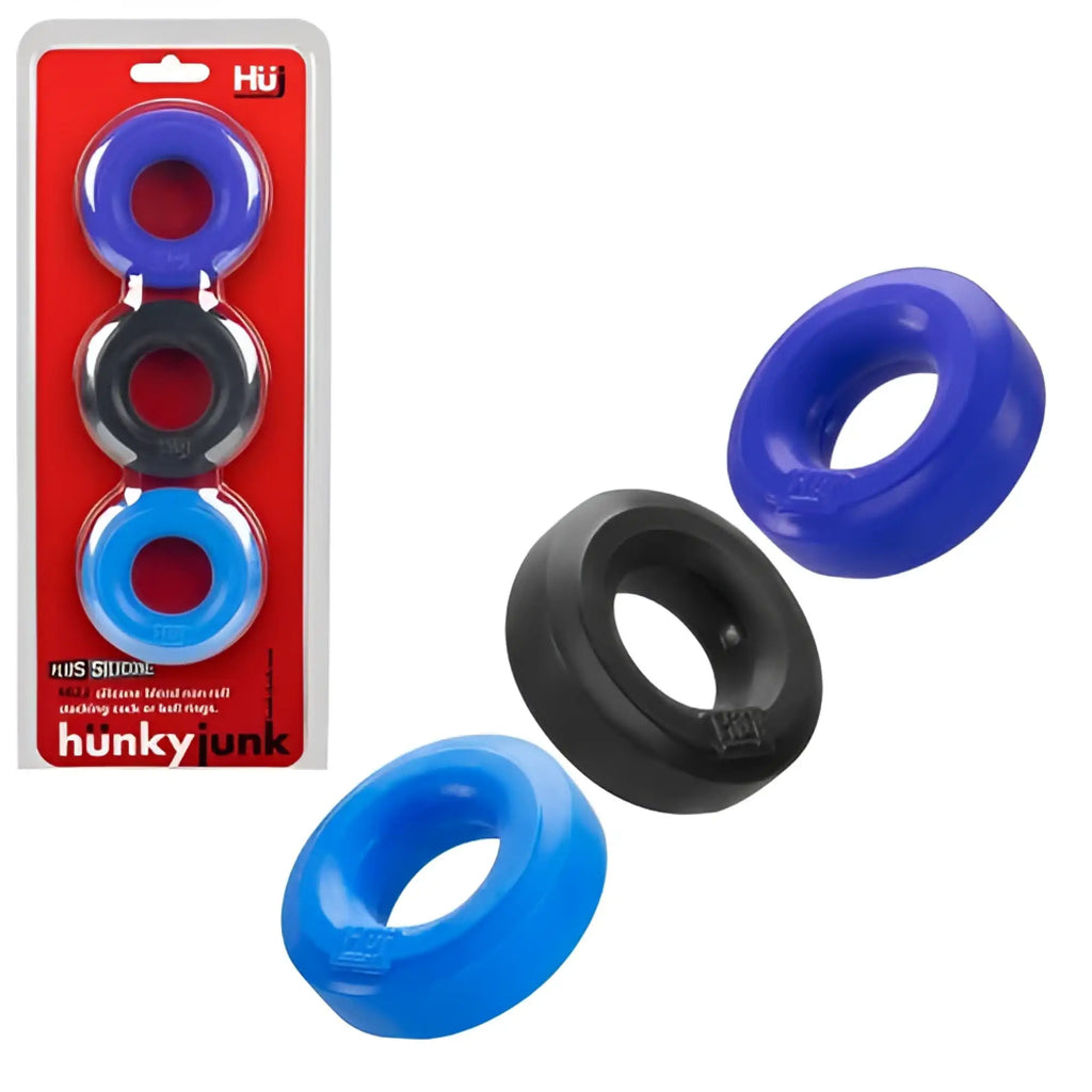 Blue and black silicone c-rings in hunky junk 3 pack package for male pleasure and support