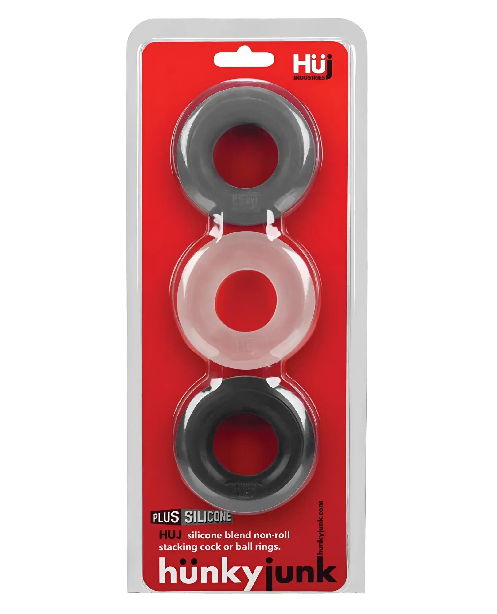 Set of three hunky junk silicone blend non-roll stacking cock rings in gray translucent pink and black colors