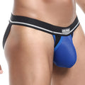 Hung HGE009 jockstrap featuring blue mesh and black elastic with silver trim for comfortable support and style