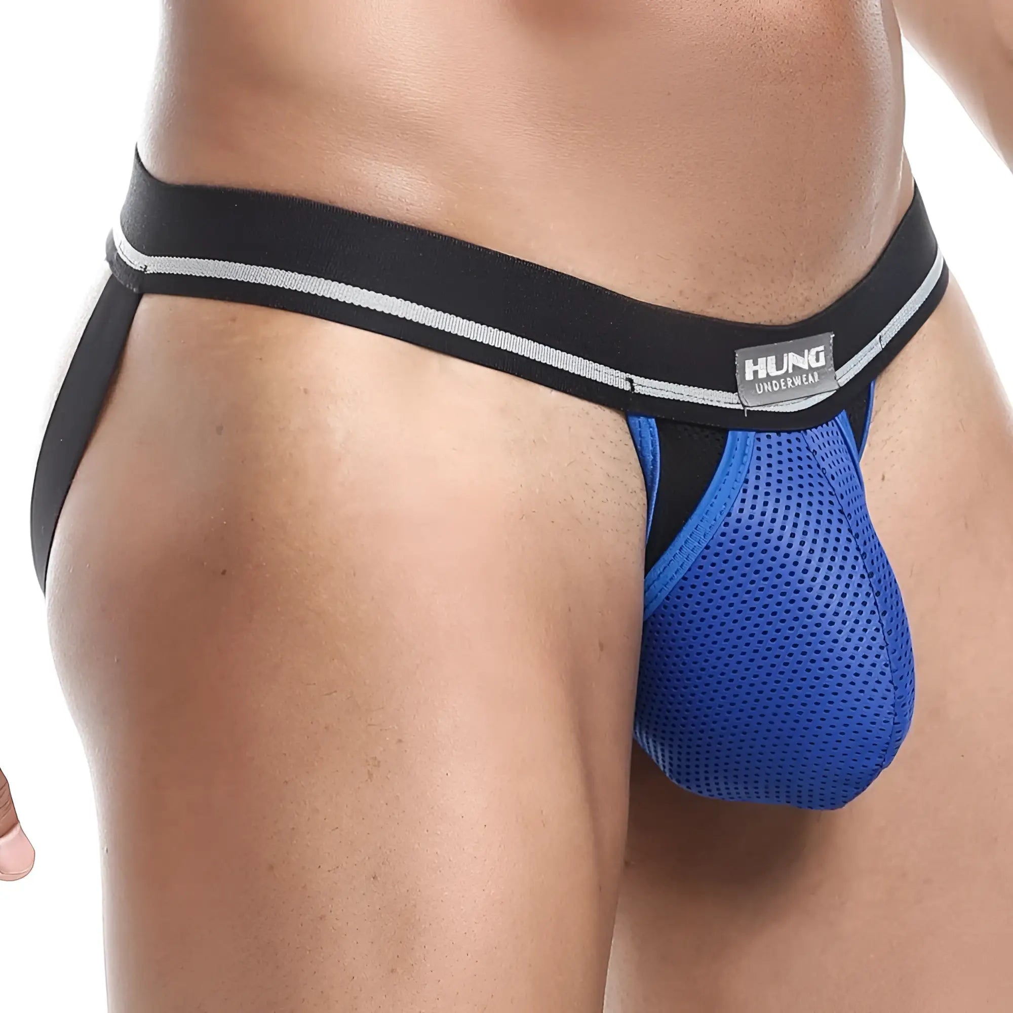Hung HGE009 jockstrap featuring blue mesh and black elastic with silver trim for comfortable support and style