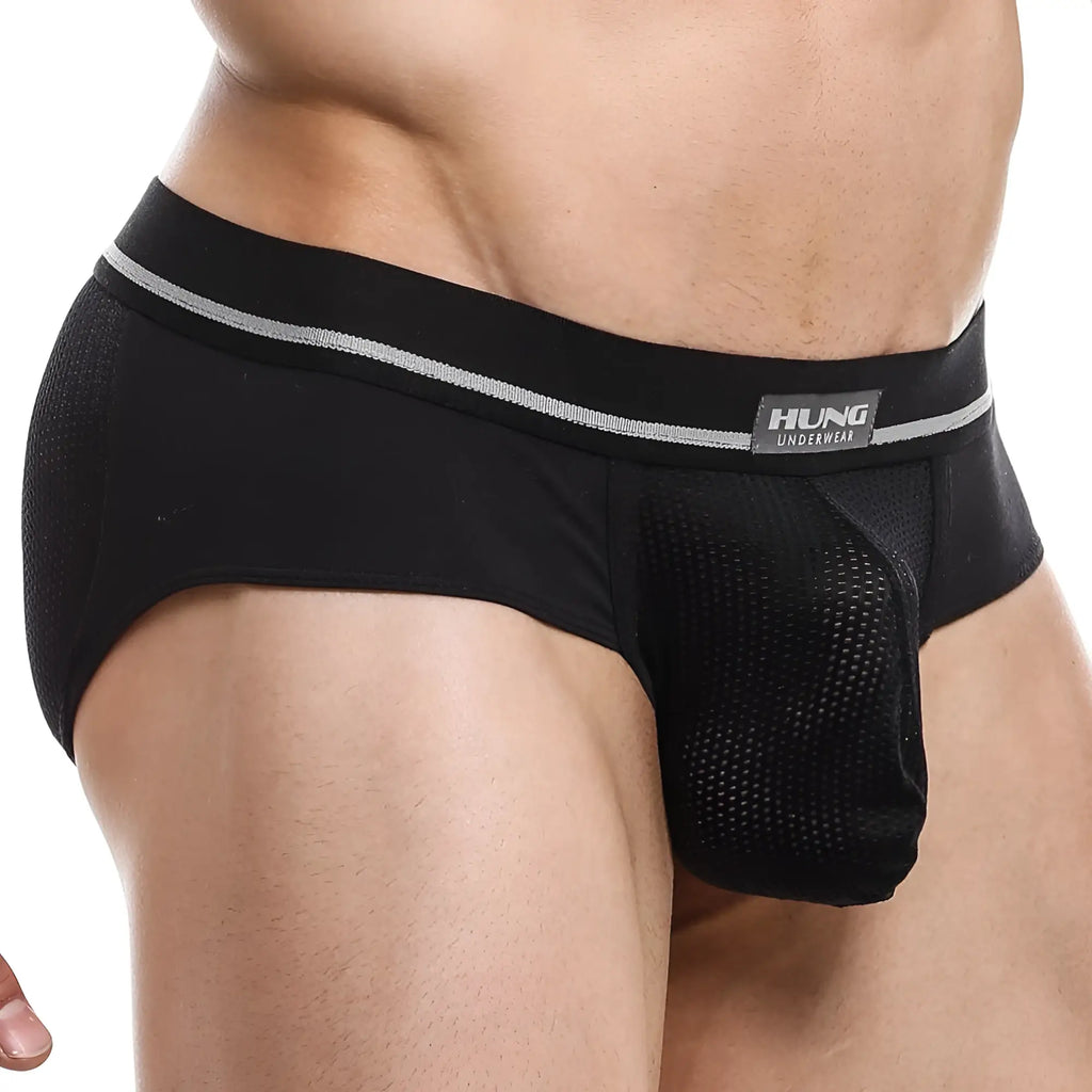 Black hung hge011 jockstrap with mesh panel and silver trim showcasing the front design