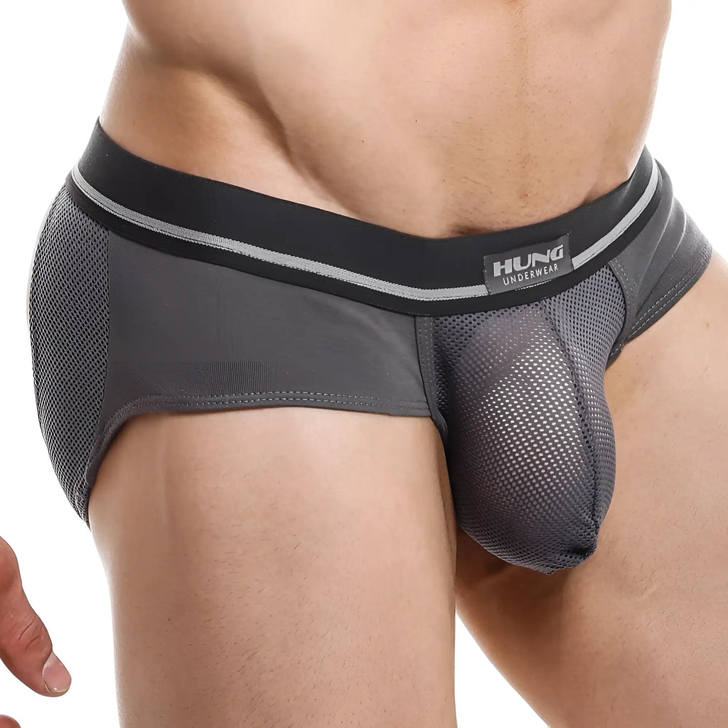 Gray mesh men’s hung hge011 jockstrap with black waistband featuring hung underwear logo visible from the front