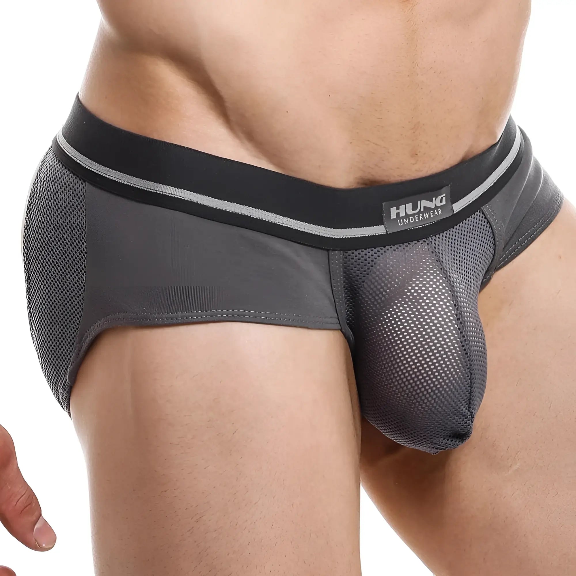 Gray mesh men’s hung hge011 jockstrap with black waistband featuring hung underwear logo visible from the front