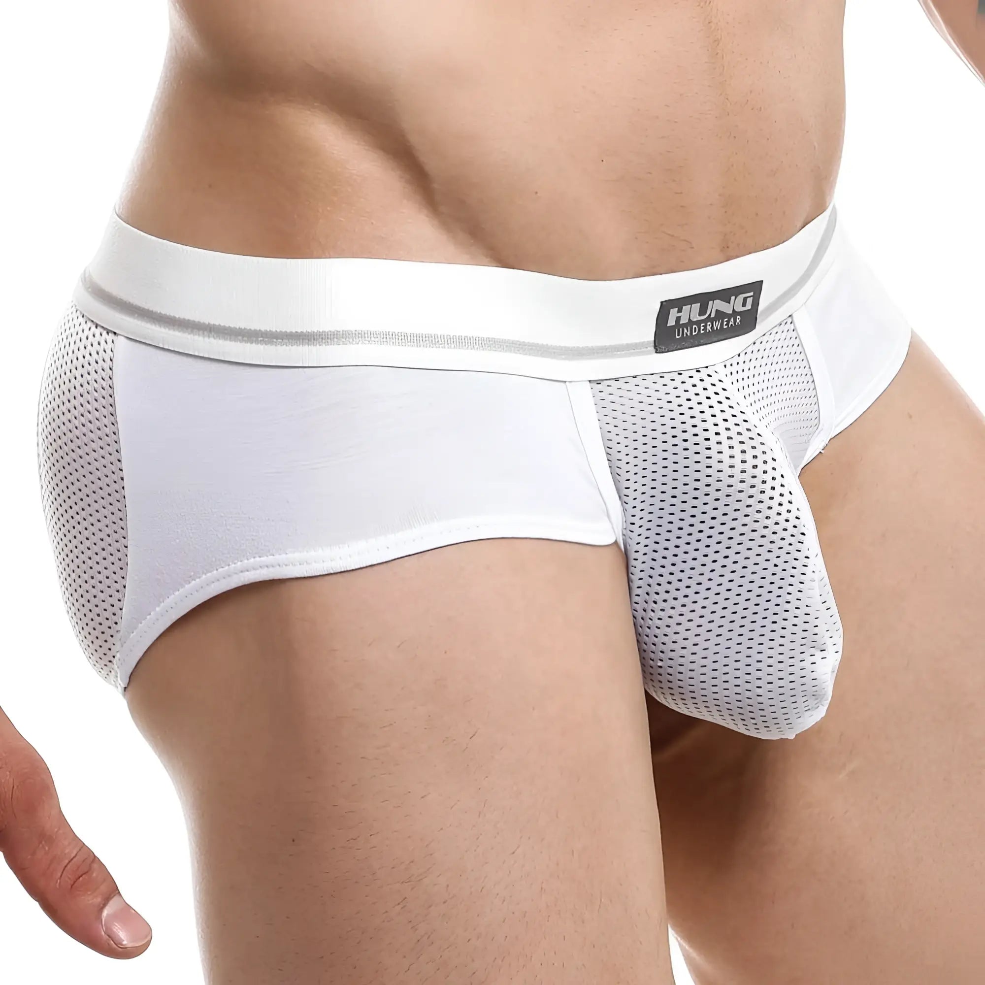 White mesh briefs with solid white waistband featuring hung underwear logo from hung hge011 jockstrap product