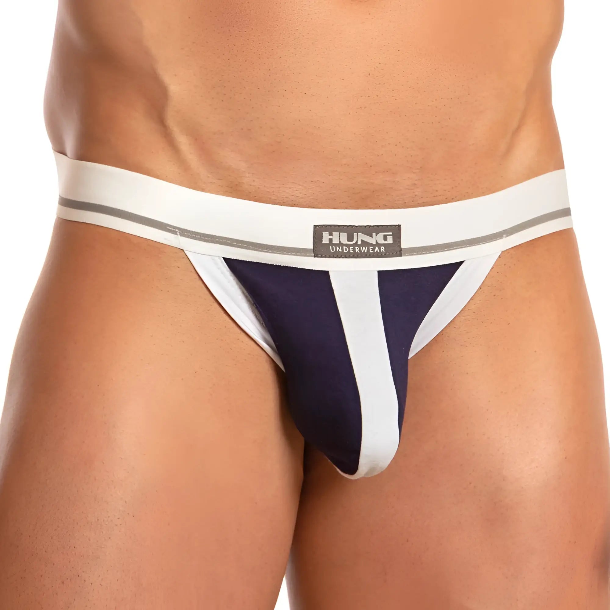 Navy blue and white striped thong with gray accent waistband featuring hung underwear label in hung hge014 jockstrap design