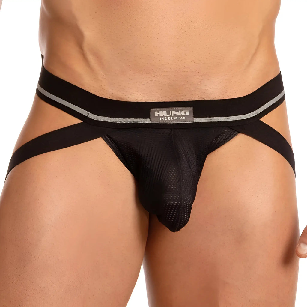 Black mesh briefs with wide silver-striped waistband and hung underwear brand label in hung hge015 jockstrap design