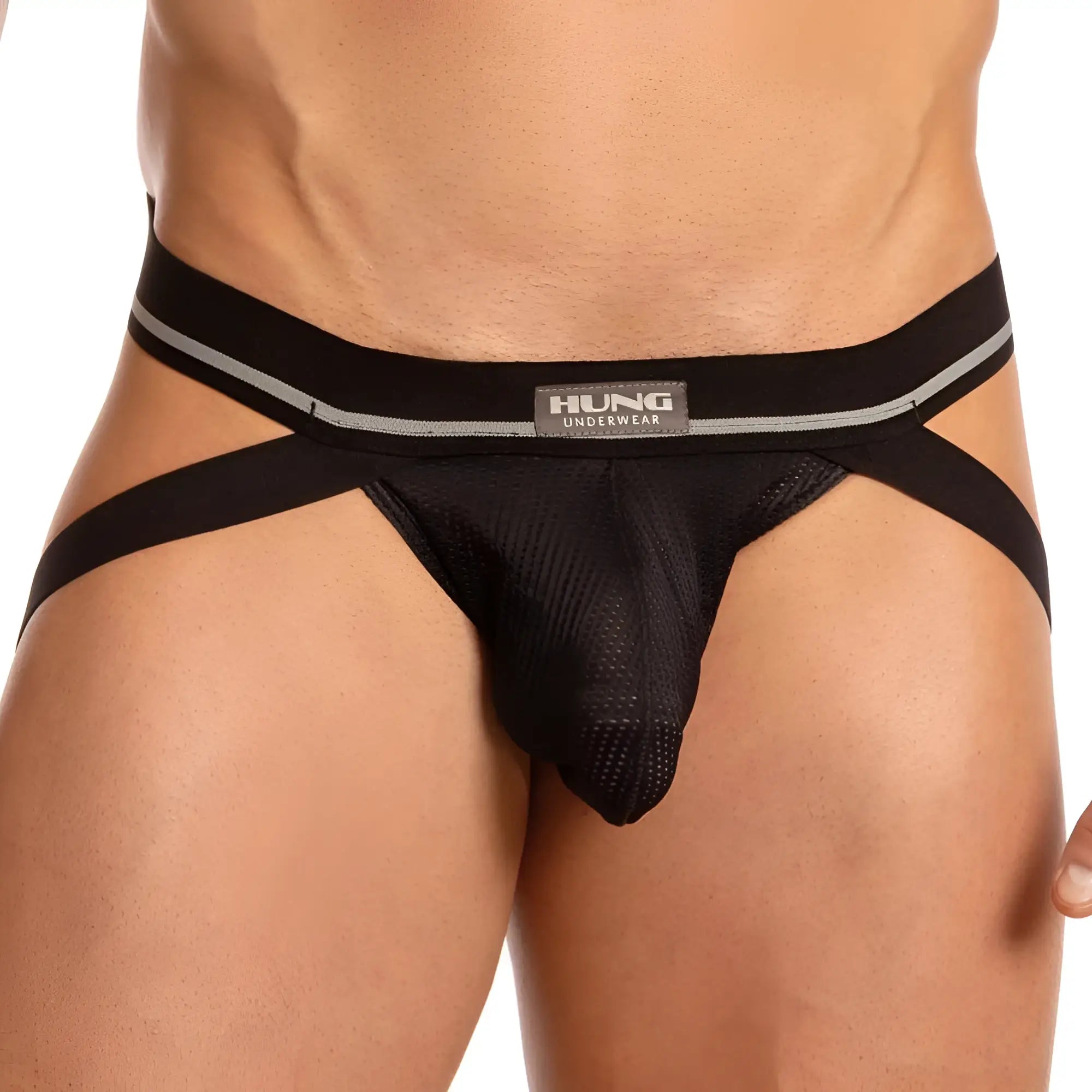 Black mesh briefs with wide silver-striped waistband and hung underwear brand label in hung hge015 jockstrap design