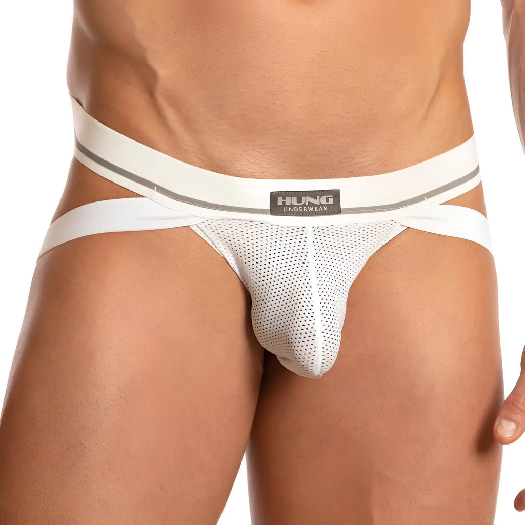White mesh jockstrap briefs with wide striped waistband featuring hung underwear brand label model HGE015