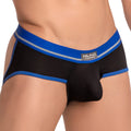 Black hung HGE017 jockstrap with bold blue trim and silver accent stripes showcasing front design