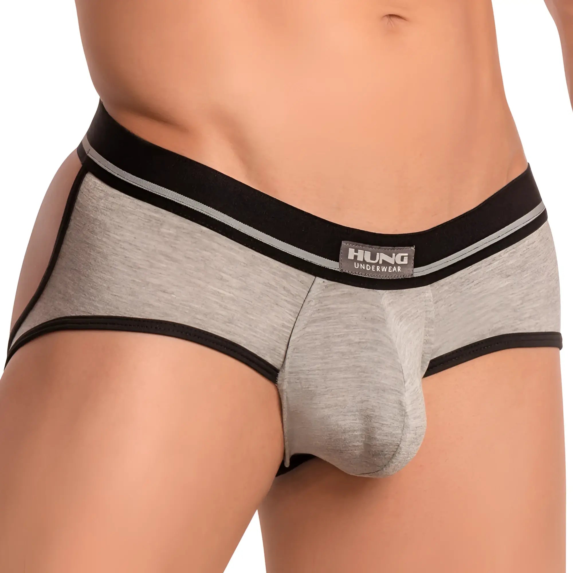 Gray heathered men’s briefs with black trim and branded waistband from hung underwear in a hung hge017 jockstrap design