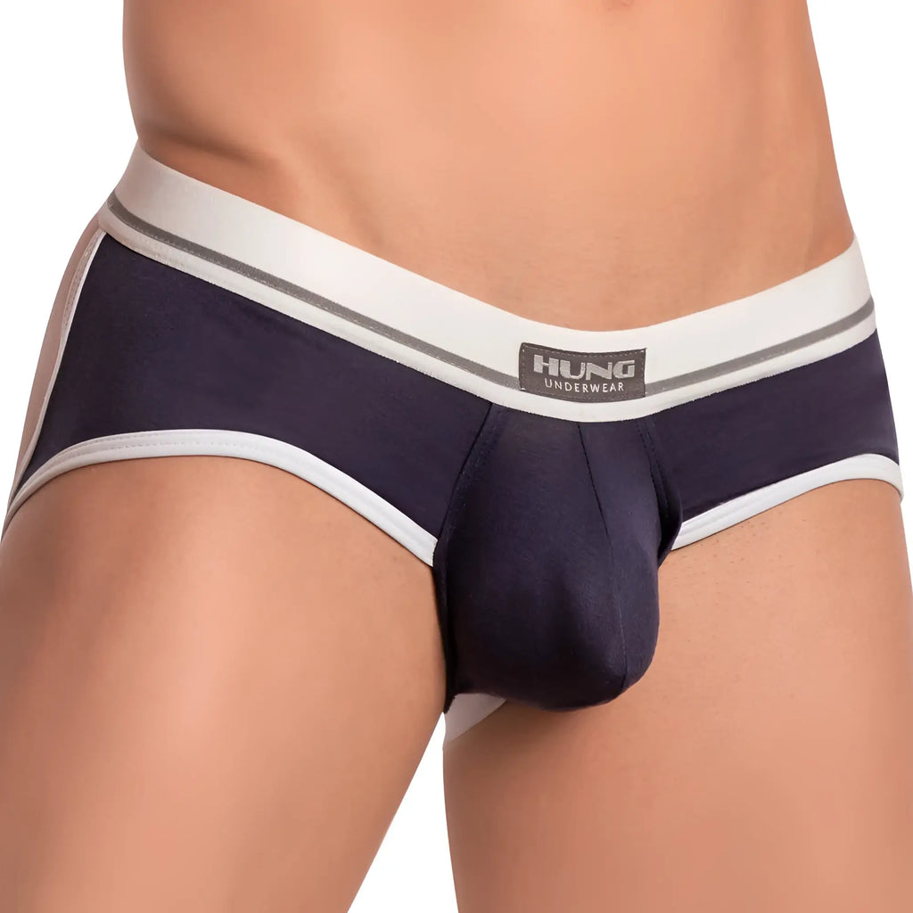 Navy blue and white striped men’s briefs with hung underwear label on waistband in hung hge017 jockstrap design