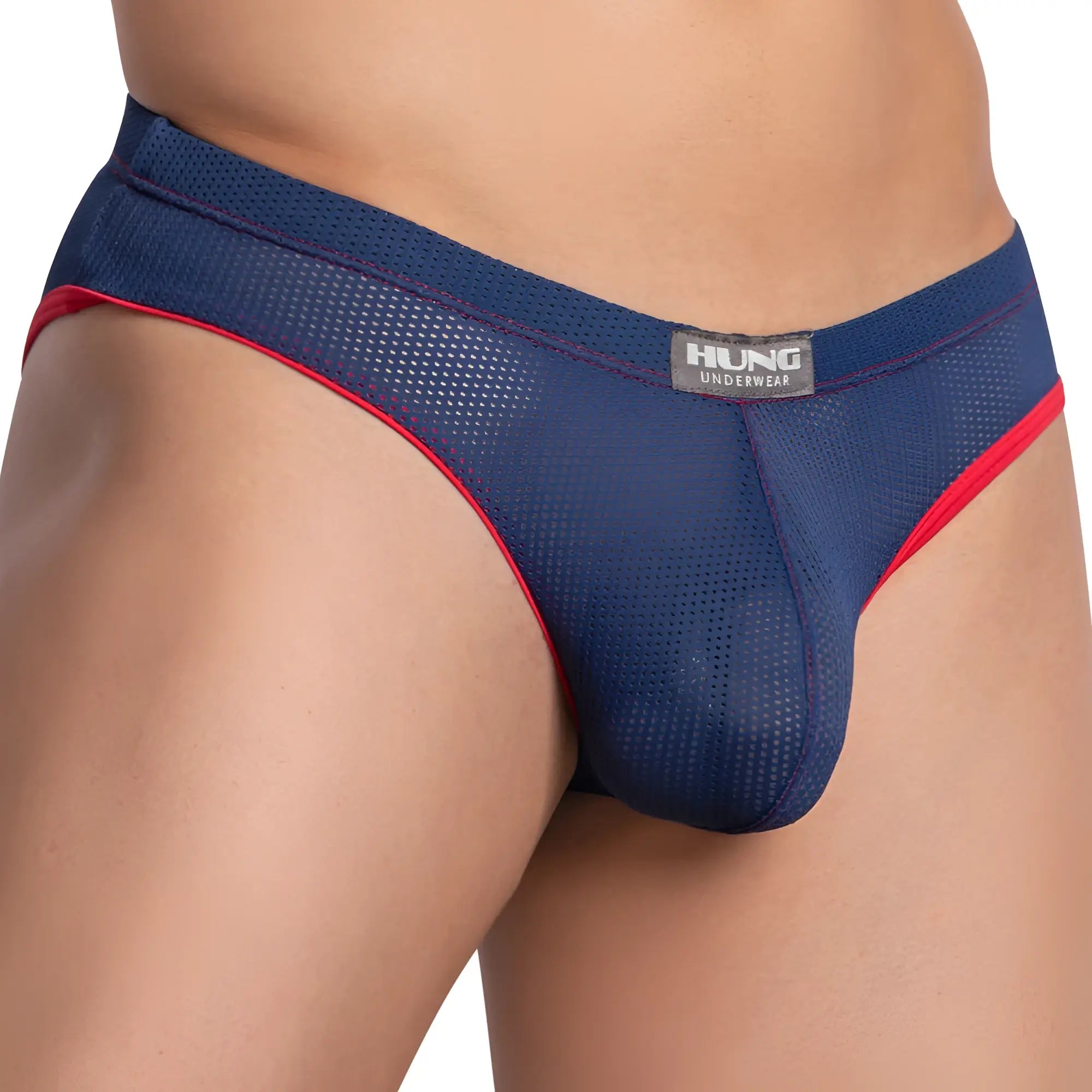 Navy blue mesh men’s briefs with red trim and hung underwear brand label from hung hge020 jockstrap product
