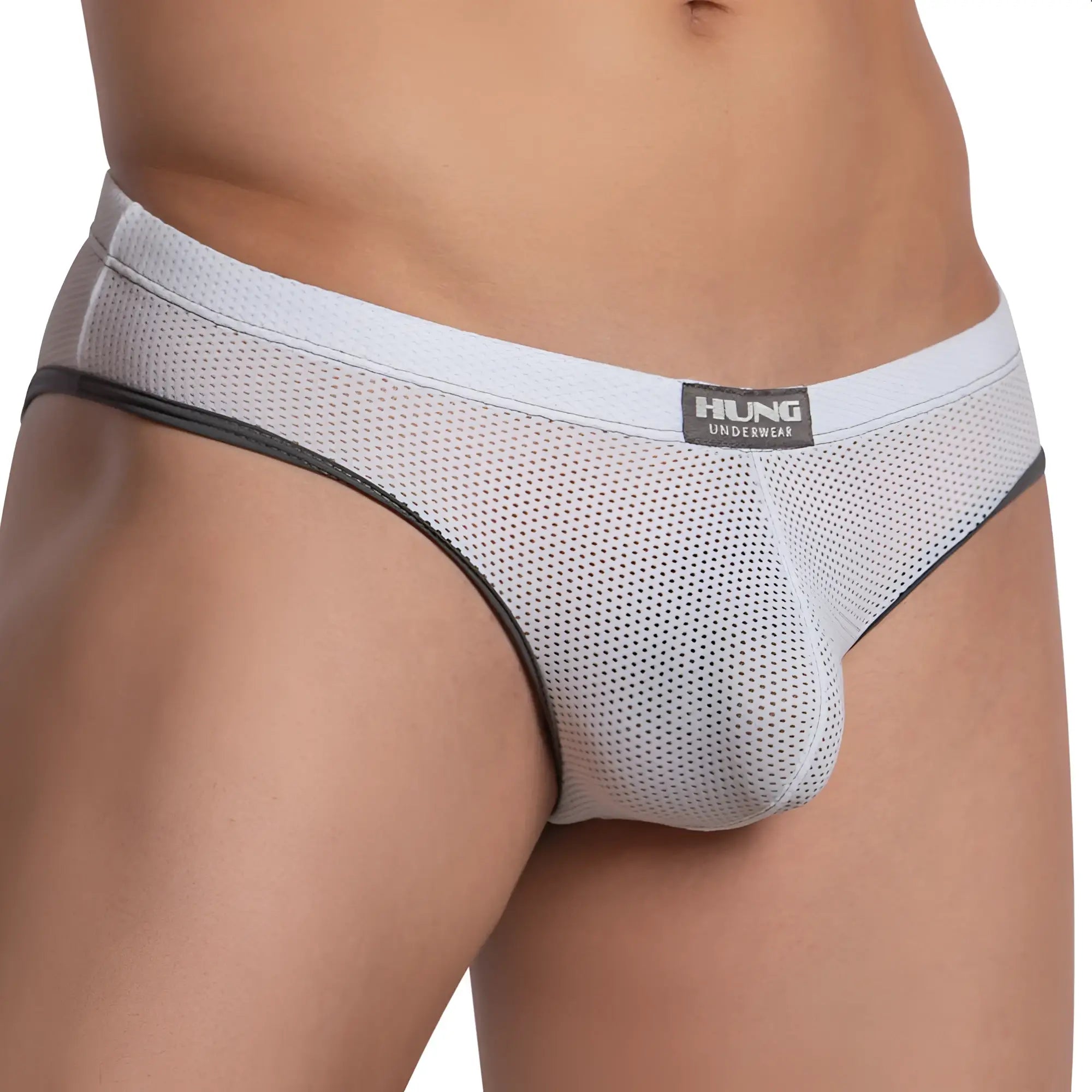 White mesh hung hge020 jockstrap briefs with black trim and hung underwear label visible on front side