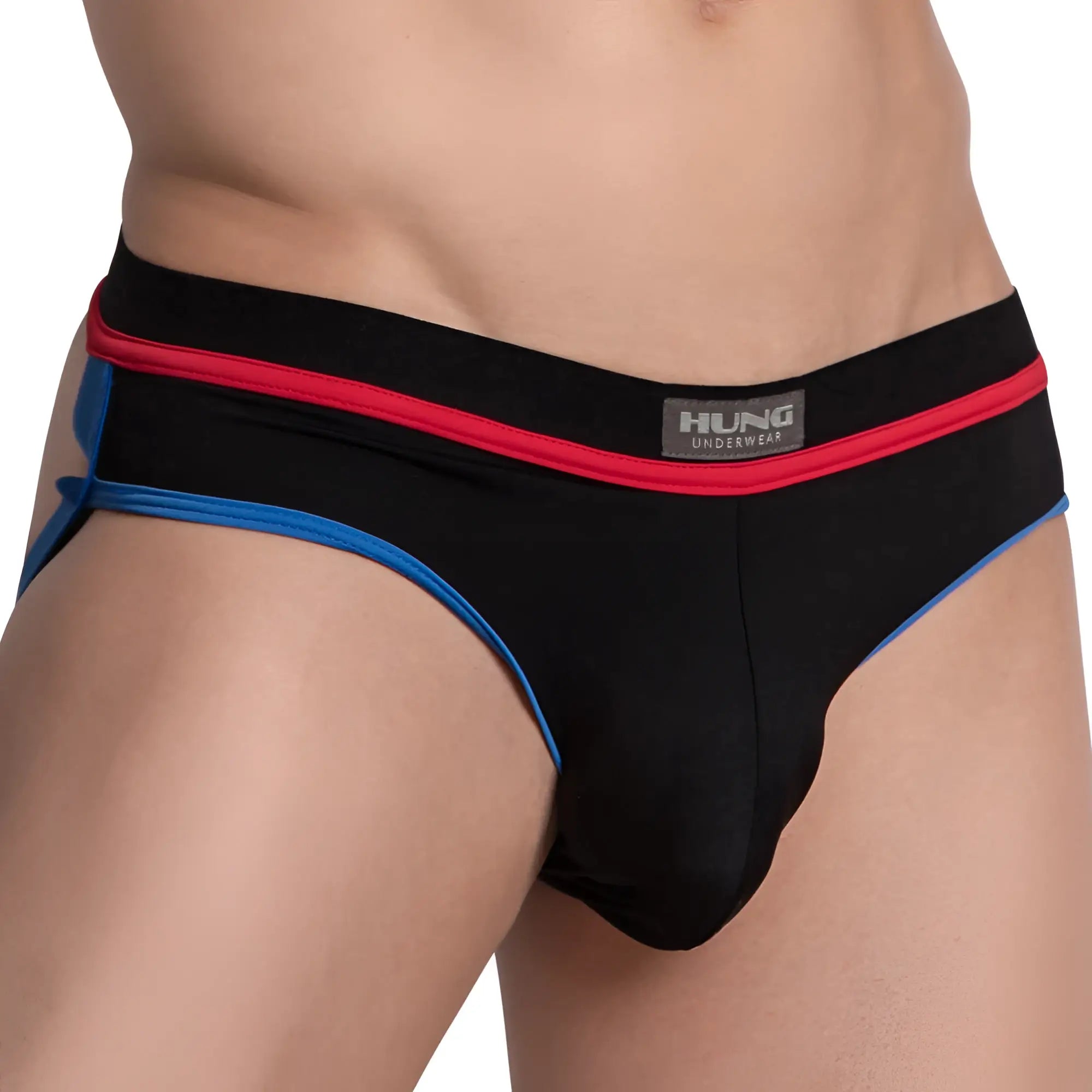 Black hung hge022 jockstrap with red and blue trim showing the front design and contours