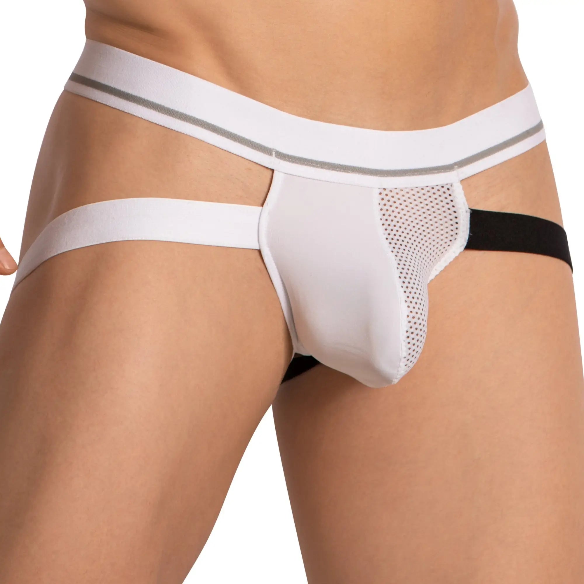 White mesh briefs jockstrap with silver stripe and black side strap designed for comfortable support