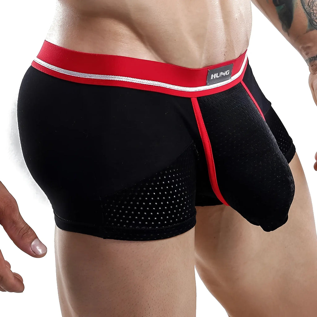Black mesh briefs with red trim and white stripe waistband featuring hung brand label from hung hgg003 boxer trunk