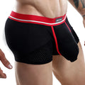 Black mesh briefs with red trim and white stripe waistband featuring hung brand label from hung hgg003 boxer trunk