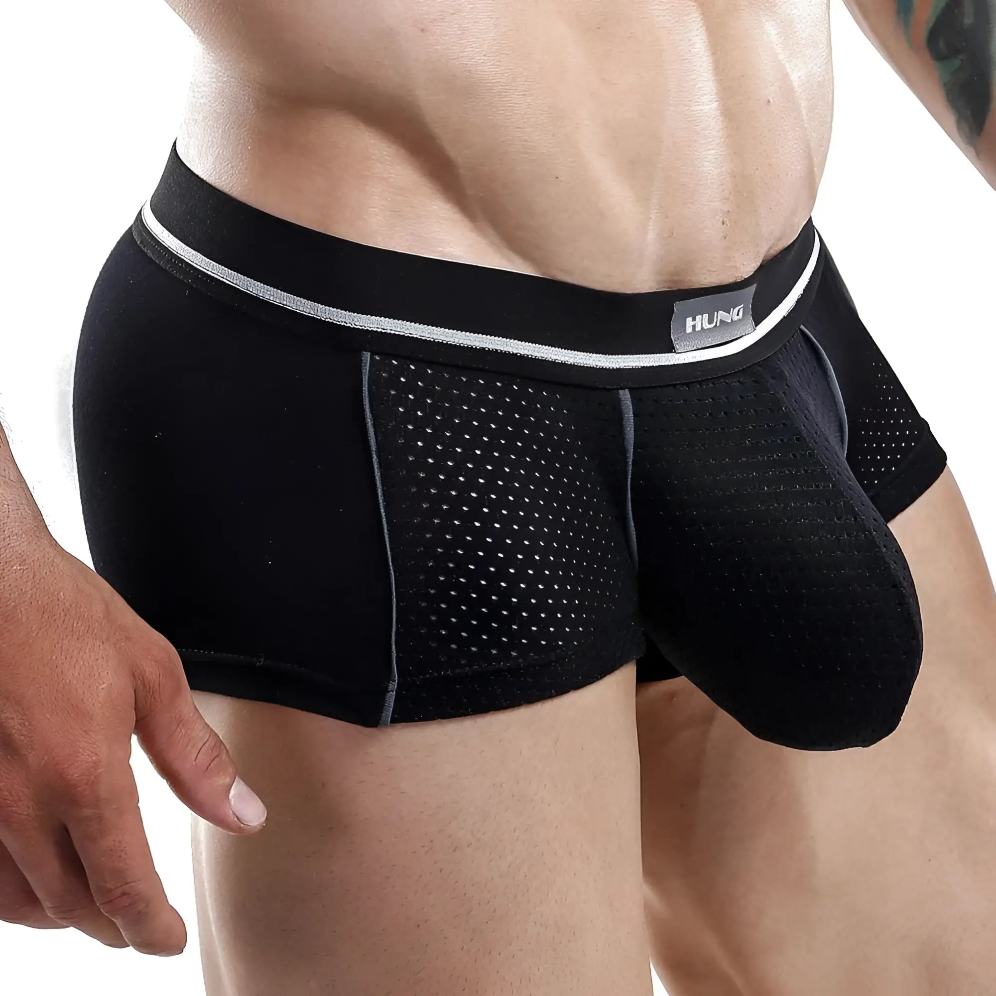 Black hung brand men’s boxer trunk with perforated mesh design and silver trim for breathable comfort