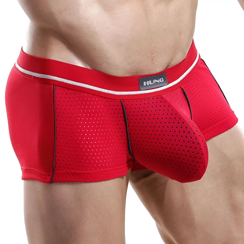Red hung HGG004 boxer trunk men’s briefs with perforated mesh front panel and white waistband trim