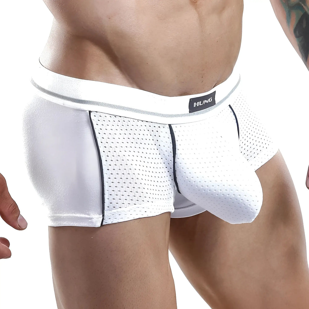 White hung brand men’s boxer trunk with mesh texture and black trim in model hgg004 design