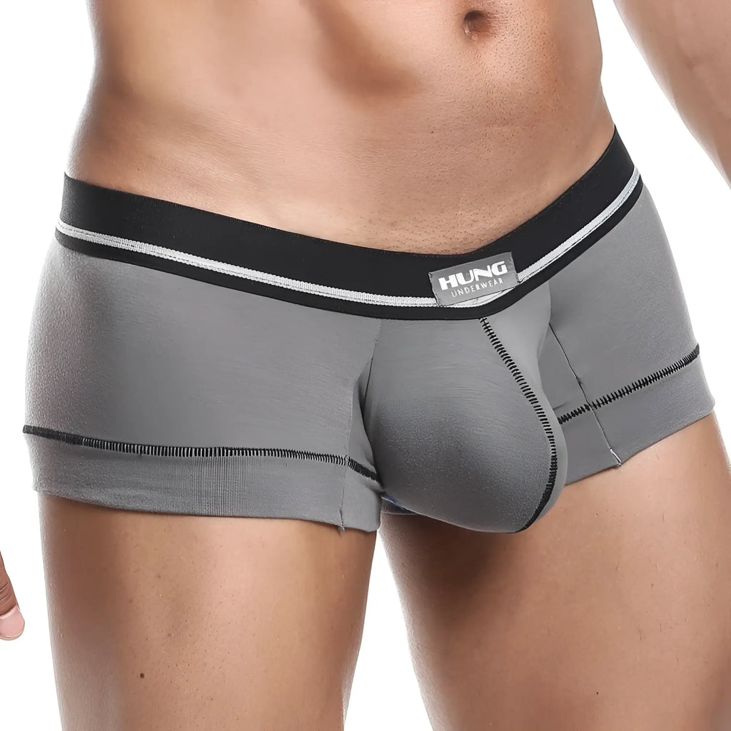 Gray men’s briefs hung hgg006 line trunk with black and white striped waistband and hung underwear brand label